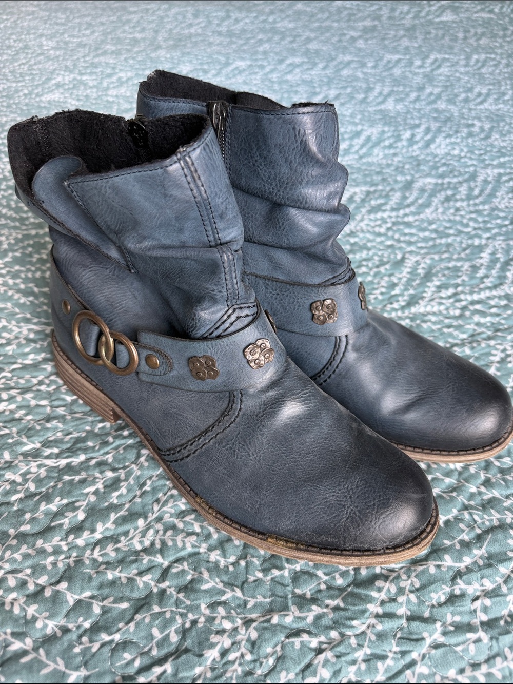 Rieker Navy Slouch Ankle Boots with Metal Ring & Stud Accents